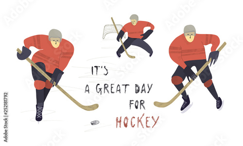 Stylized hockey players on ice background. Vector hand drawn illustration.