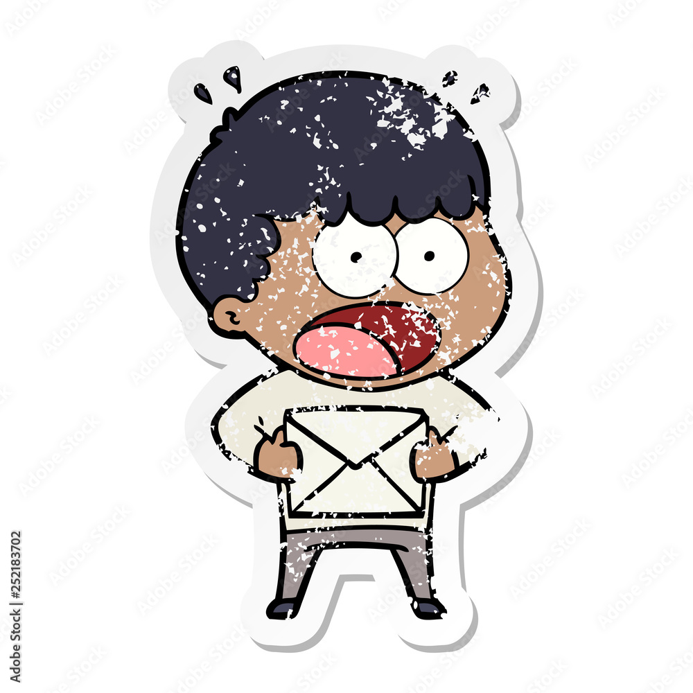 distressed sticker of a cartoon shocked man holding envelope distressed sticker of a cartoon shocked man holding envelope