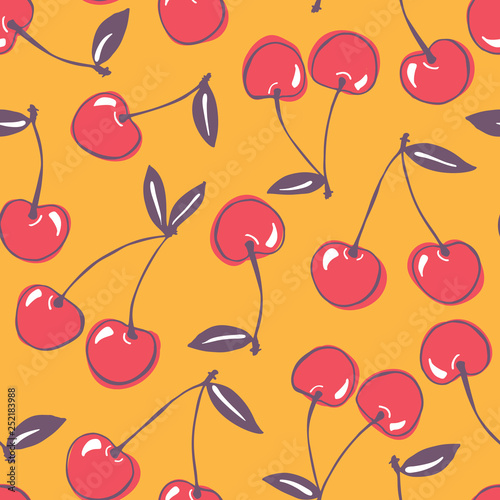 Whimsical hand-drawn doodle cherries vector seamless pattern background. Colorful Summer Fruits