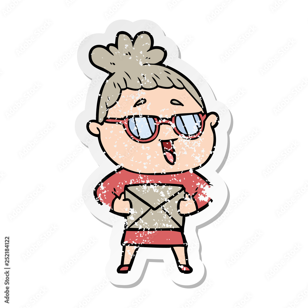 distressed sticker of a cartoon happy woman wearing spectacles distressed sticker of a cartoon happy woman wearing spectacles