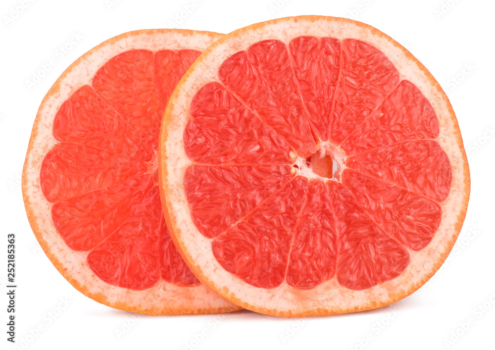 Slices of grapefruit isolated on white, flat lay top view