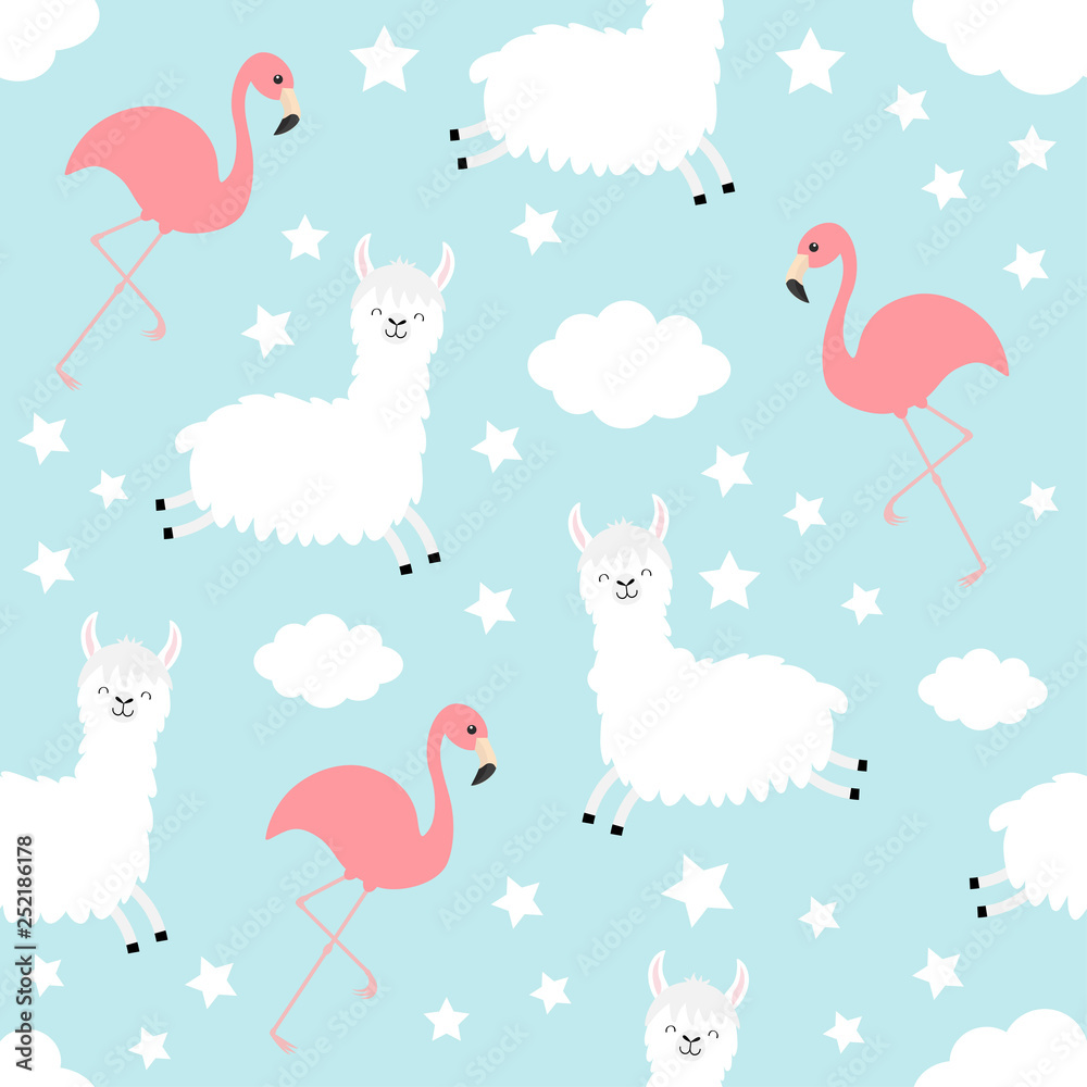 Seamless Pattern. Alpaca llama. Flamingo. Cloud star in the sky. Cute cartoon kawaii funny smiling baby character. Wrapping paper, textile template. Nursery decoration. Blue background. Flat Seamless Pattern. Alpaca llama. Flamingo. Cloud star in the sky. Cute cartoon kawaii funny smiling baby character. Wrapping paper, textile template. Nursery decoration. Blue background. Flat