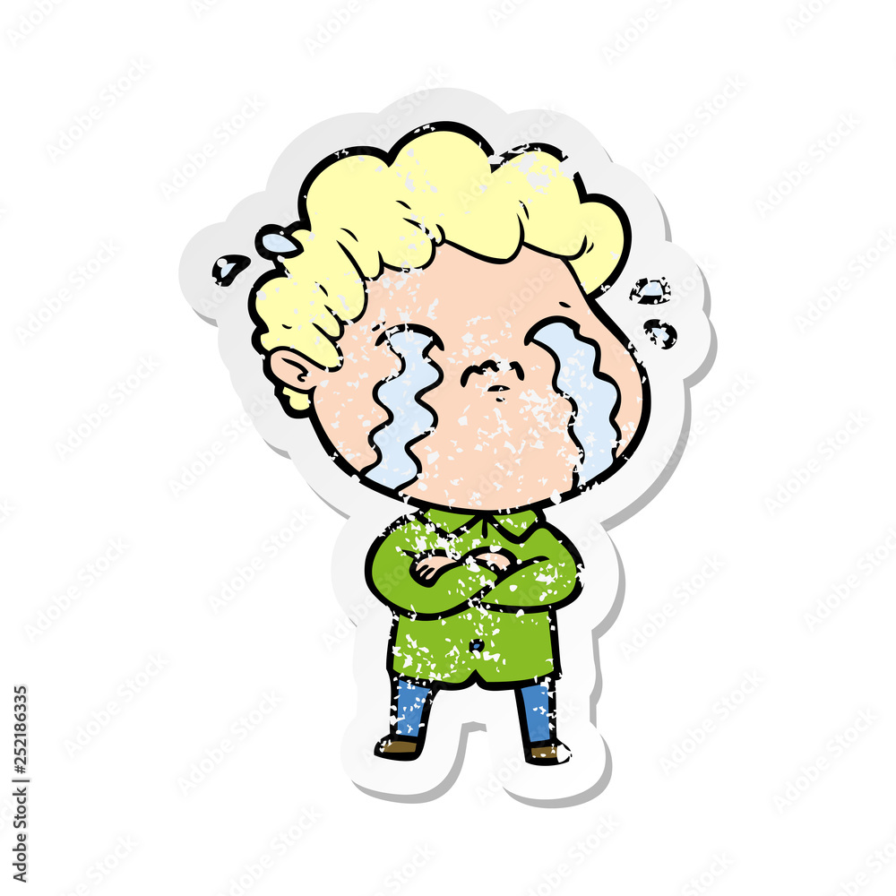 distressed sticker of a cartoon man crying distressed sticker of a cartoon man crying