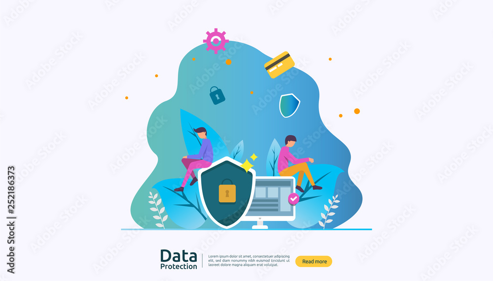 Safety and confidential data protection. VPN internet network security. Traffic encryption personal privacy concept with people character. web landing page, banner, presentation, social, print media