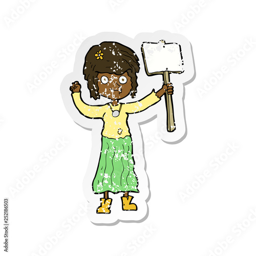 retro distressed sticker of a cartoon hippie girl with protest sign