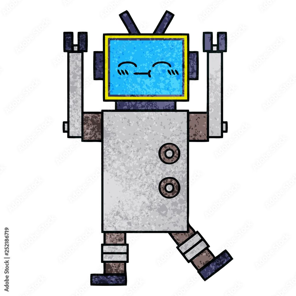 retro grunge texture cartoon happy robot retro grunge texture cartoon happy robot