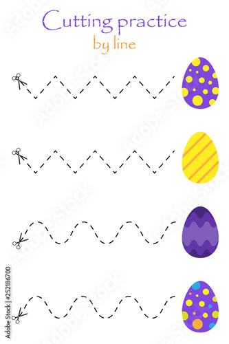 Easter eggs in cartoon style, education cut game for the development of preschool children, use scissors, cutting practice by line, vector illustration