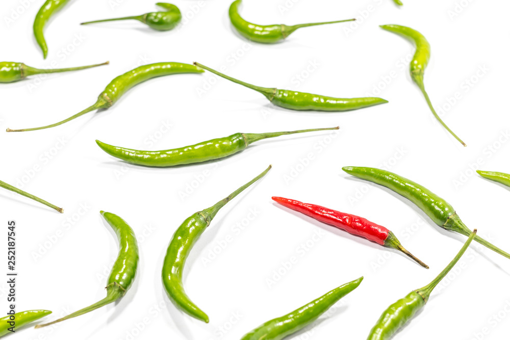 Fresh green and red chili pepper is a frame pattern isolated on white background.