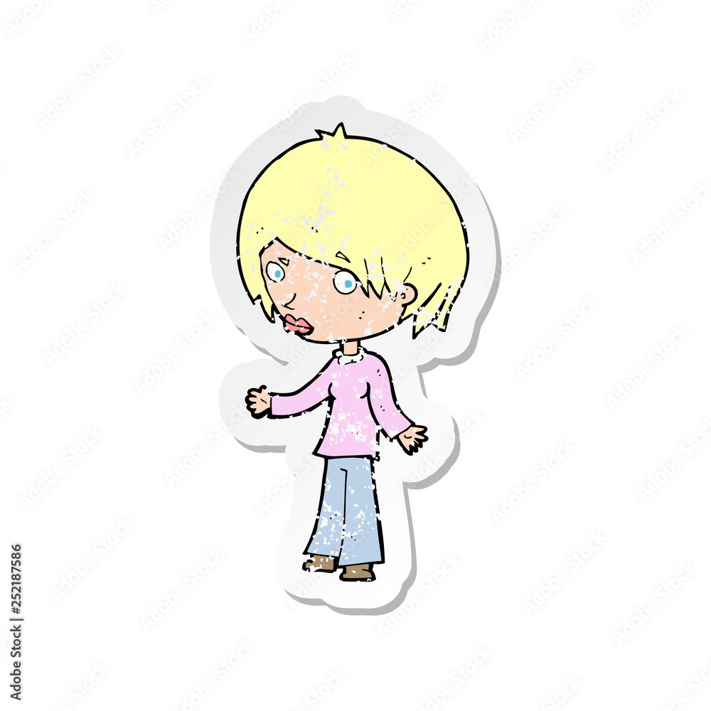 retro distressed sticker of a cartoon confused woman retro distressed sticker of a cartoon confused woman