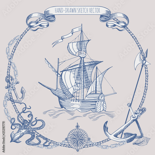 Adventure stories. Pirate background. Vintage border frame. Old caravel, vintage sailboat, sea monster.