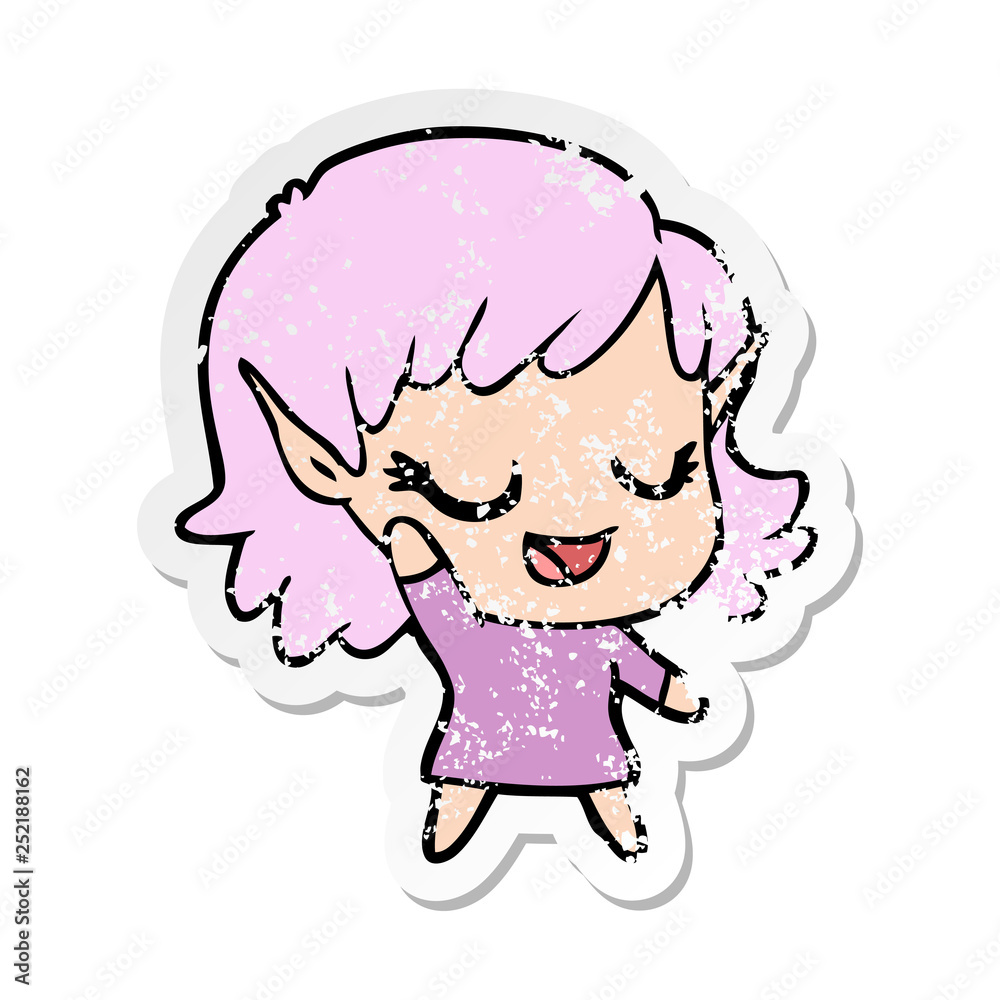 distressed sticker of a happy cartoon elf girl distressed sticker of a happy cartoon elf girl