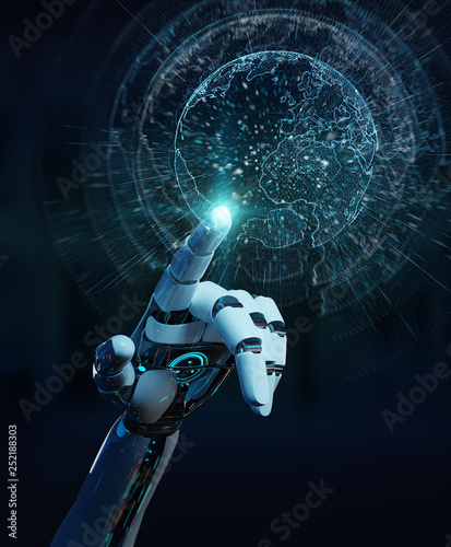 White cyborg hand using planet Earth interface 3D rendering