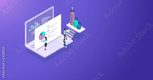 An animation of an isometric illustration showing the elements of financial calculations and statistics.