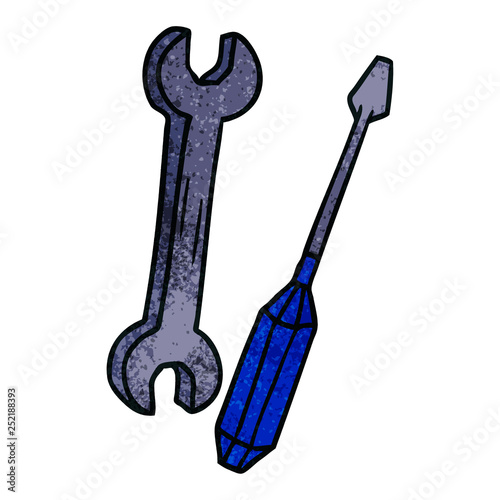 textured cartoon doodle of a spanner and a screwdriver