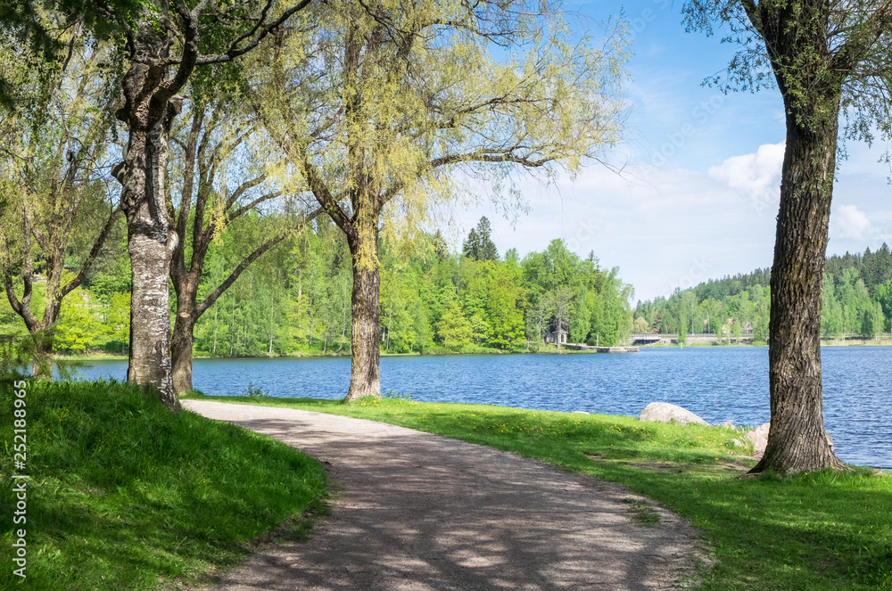 Scenic summer landscape with lake and idyllic paht at bright summer day in Finland.