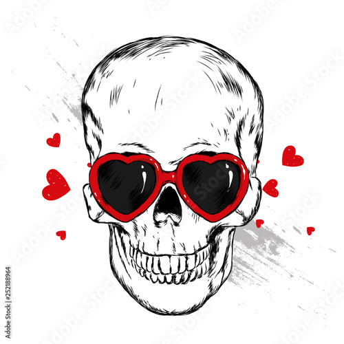 Skull with glasses in the shape of a heart. Vector illustration. Love, Valentine's Day. - Vector