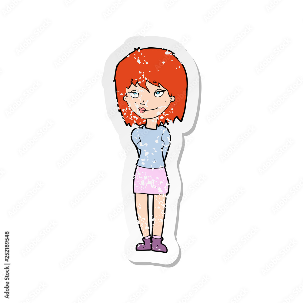 retro distressed sticker of a cartoon happy woman retro distressed sticker of a cartoon happy woman