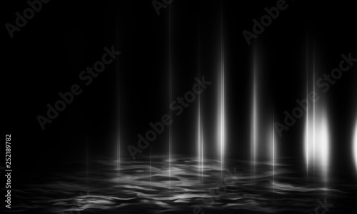 Empty black scene with shine and highlights of light reflected on water. Product showcase spotlight background. Clean photographer studio. Black abstract background.