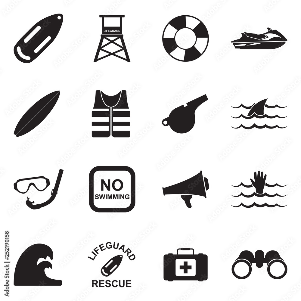 Beach Lifeguard Icons. Black Flat Design. Vector Illustration. Stock ...