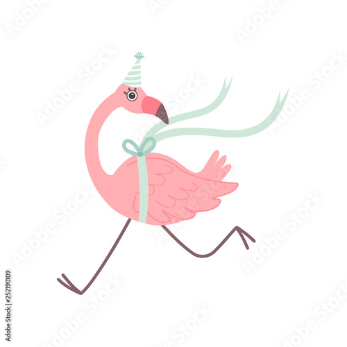 Cute Flamingo Running Wearing Party Hat, Beautiful Exotic Bird Character Vector Illustration © topvectors
