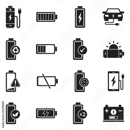 Battery Icons. Black Flat Design. Vector Illustration. 