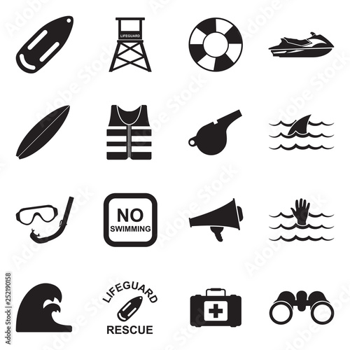 Beach Lifeguard Icons. Black Flat Design. Vector Illustration.