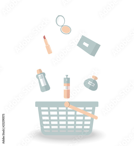 Product purchase concept:cosmetic, lipstick,powder perfume, lotion,cream,spray,body milk for make up and ..face and body care are falling into blue basket. Vector flat illustration