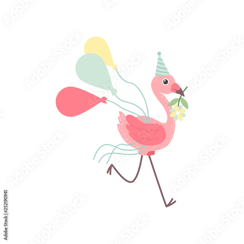 Cute Flamingo Wearing Party Hat Running with Colorful Balloons and Flower In its Beak, Beautiful Exotic Bird Character Vector Illustration © topvectors