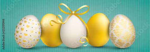 5 Easter Eggs Golden Ribbon Green Vintage Banner