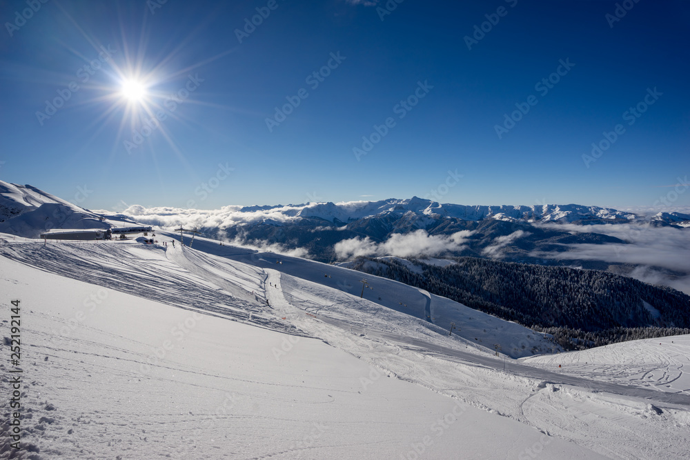Beautiful landscape of Caucasus Mountains on ski resort Krasnaya Polyana on background clear sky Beautiful landscape of Caucasus Mountains on ski resort Krasnaya Polyana on background clear sky