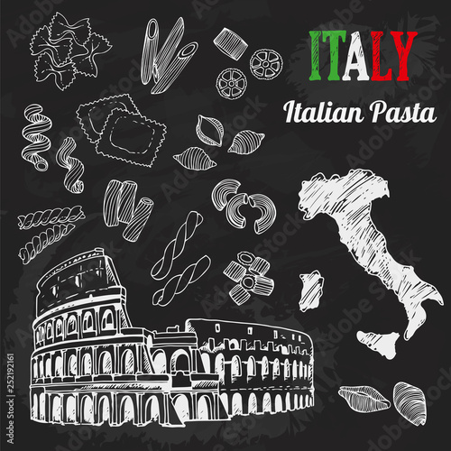 Italian pasta set, collection of Italian architecture, food, map of Italy, lettering. Chalkboard background