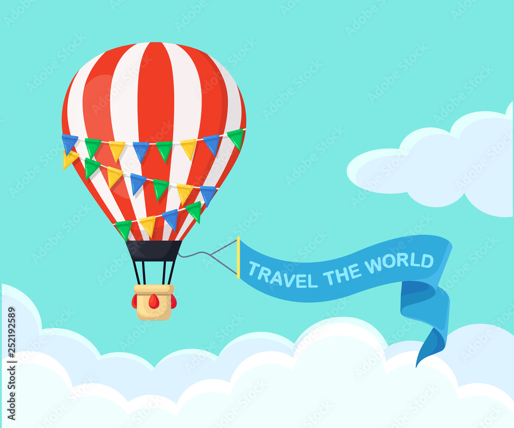 Obraz premium Hot air balloon in the sky with clouds. Flat cartoon design. Vector illustration