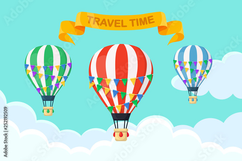 Hot air balloon in the sky with clouds. Flat cartoon design. Vector illustration