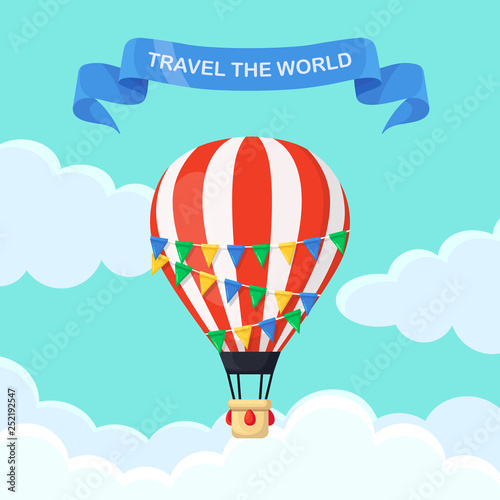 Hot air balloon in the sky with clouds. Flat cartoon design. Vector illustration