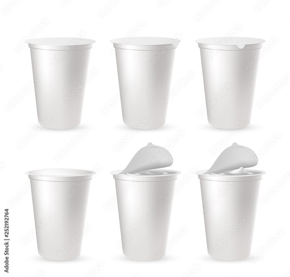 Realistic plastic packages for yogurt with foil lid, cap. Realistic plastic packages for yogurt with foil lid, cap.