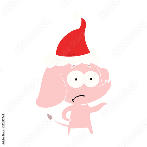 flat color illustration of a unsure elephant wearing santa hat