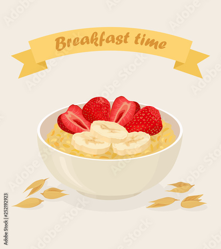 Porridge oats in bowl with bananas, berries, strawberry, nuts and cereals isolated on white background. Healthy breakfast