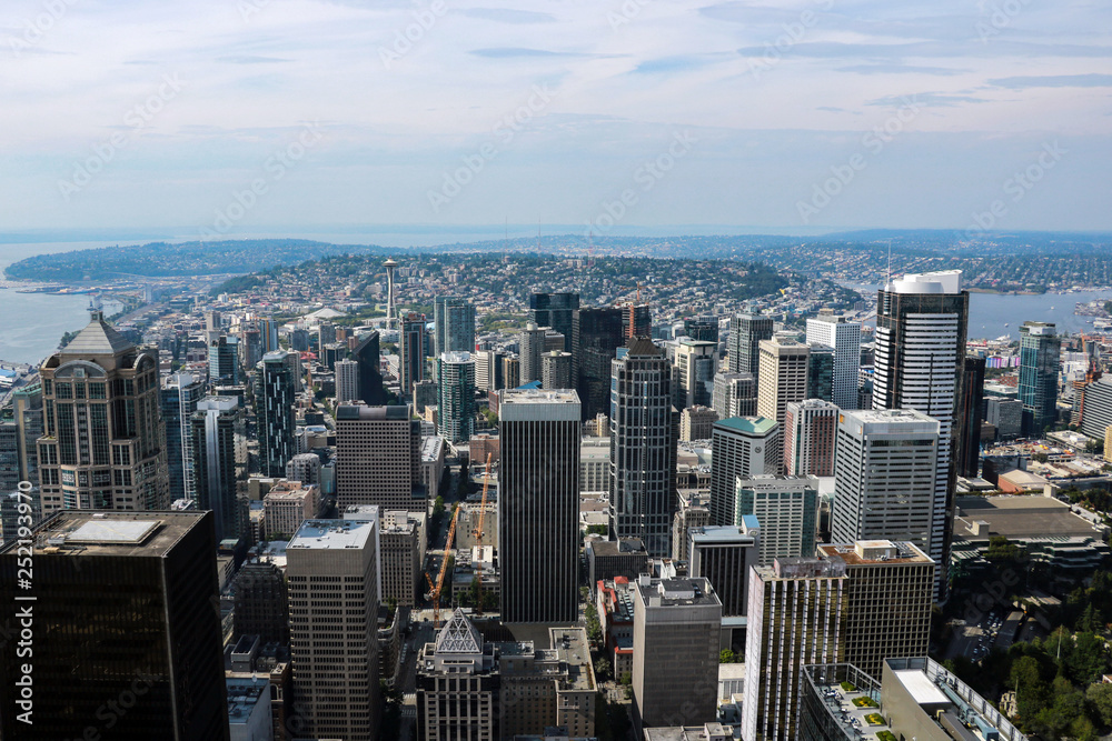 Seattle, USA, August 31, 2018: Seattle Cityscape Aerial Panoramic View.