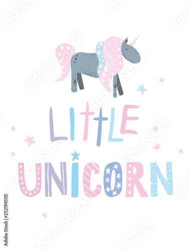 Cute Unicorn with lettering phrases Vector art isolated on white background Pastel colors.