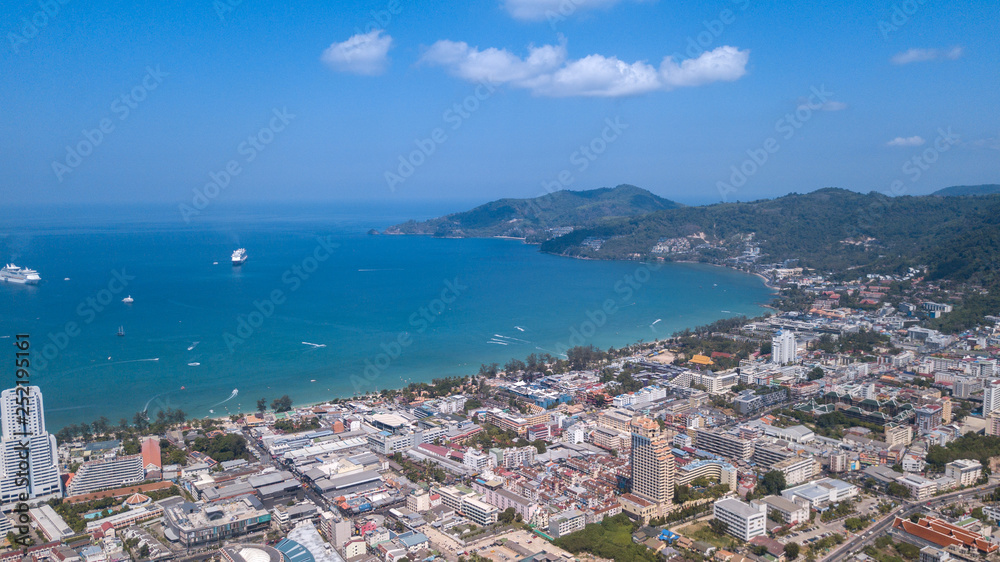Aerial view on the sand beach line at Patong beach area - Phuket island,Thailand