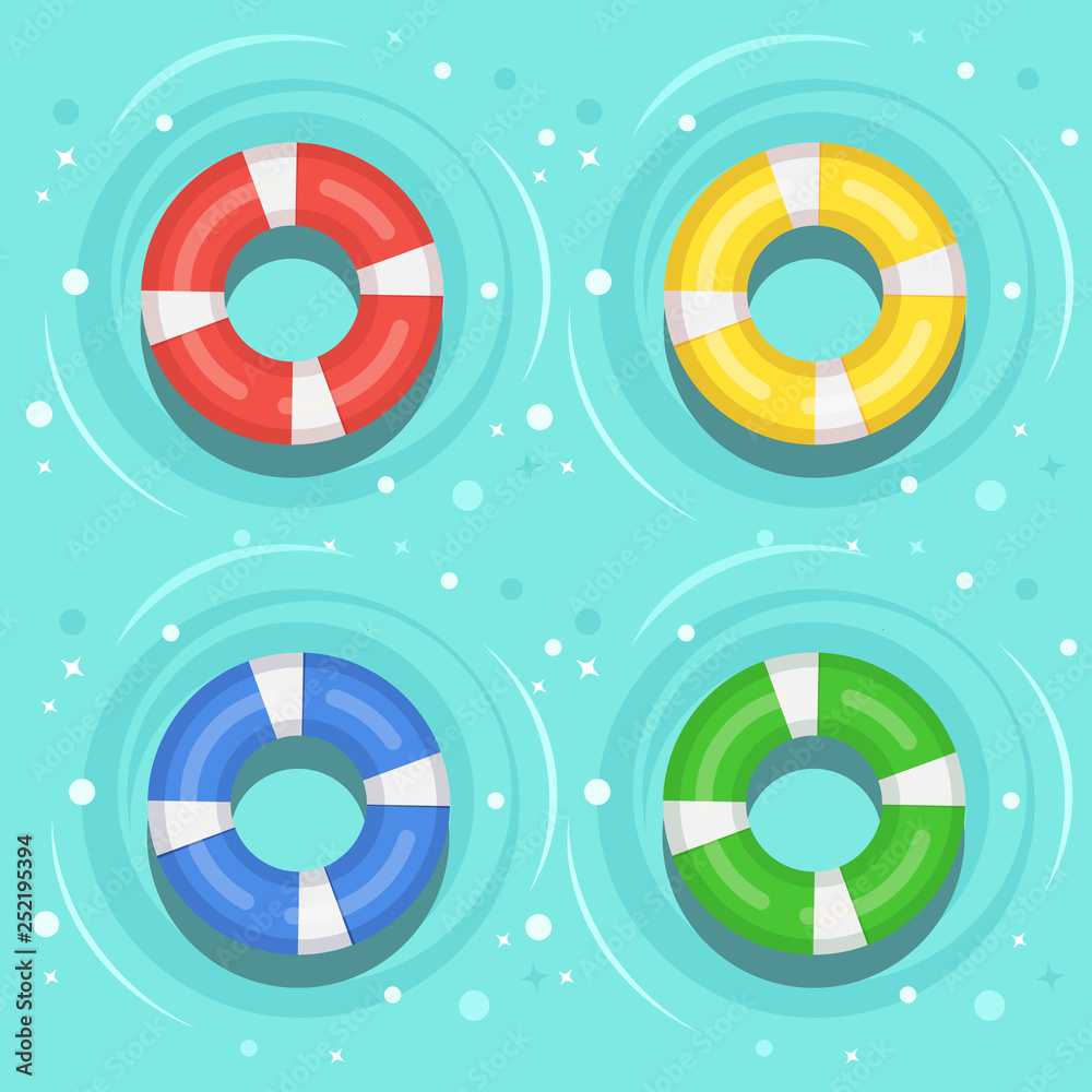 Life buoy floating in swimming pool. Beach rubber ring on water isolated on background. Lifebuoy, cute toy for children. Inflatable circle. Ship Rescue belt for saving people. Vector cartoon flat icon Life buoy floating in swimming pool. Beach rubber ring on water isolated on background. Lifebuoy, cute toy for children. Inflatable circle. Ship Rescue belt for saving people. Vector cartoon flat icon