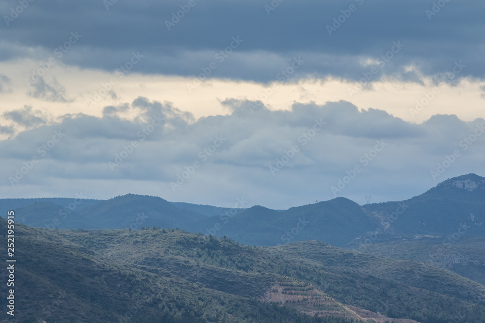 Panoramic view of mountains in Spain. Cloudy day.
