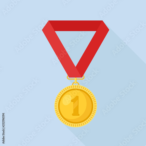 Gold medal with red ribbon for first place. Trophy, winner award isolated on background. Golden badge icon. Sport, business achievement, victory concept. Vector illustration. Flat style design