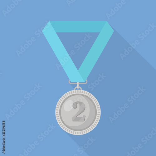 Silver medal with blue ribbon for second place. Trophy, winner award isolated on background. Badge icon. Sport, business achievement, victory concept. Vector flat design