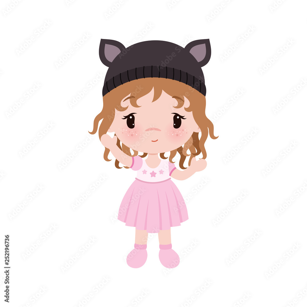 Vector cute little baby girl in dress , hat with cats ears. Vector cute little baby girl in dress , hat with cats ears.