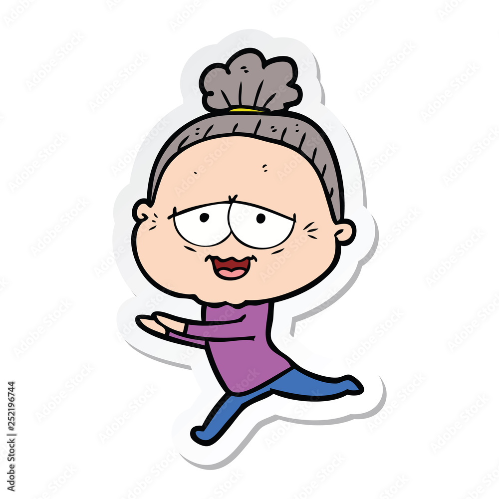 sticker of a cartoon happy old lady sticker of a cartoon happy old lady