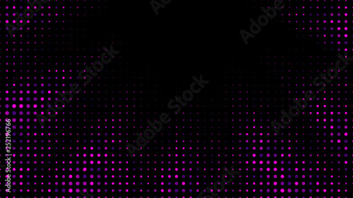 Festive shiny neon background. Halftone gradient pattern vector illustration. Explosion, salute. Pink dotted, purple dark halftone texture. Pop Art style purple pink comics Background. Dots background