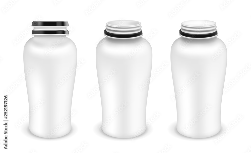 Vector open and closed plastic bottle for multivitamins or medication Vector open and closed plastic bottle for multivitamins or medication