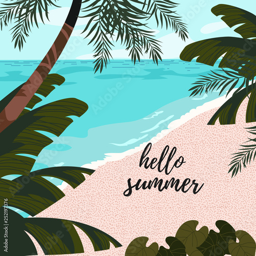 Cute poster, card or cover with an illustration of a blue sea, white sand and tropical trees and leaves. Vector
