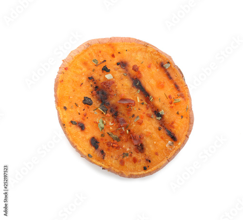Slice of grilled sweet potato on white background